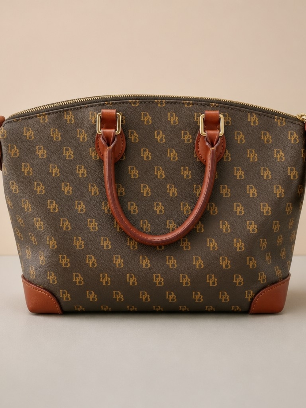 Dooney & Bourke Signature DB Monogram Satchel Brown Cognac Leather Trim - Picture 8 of 16